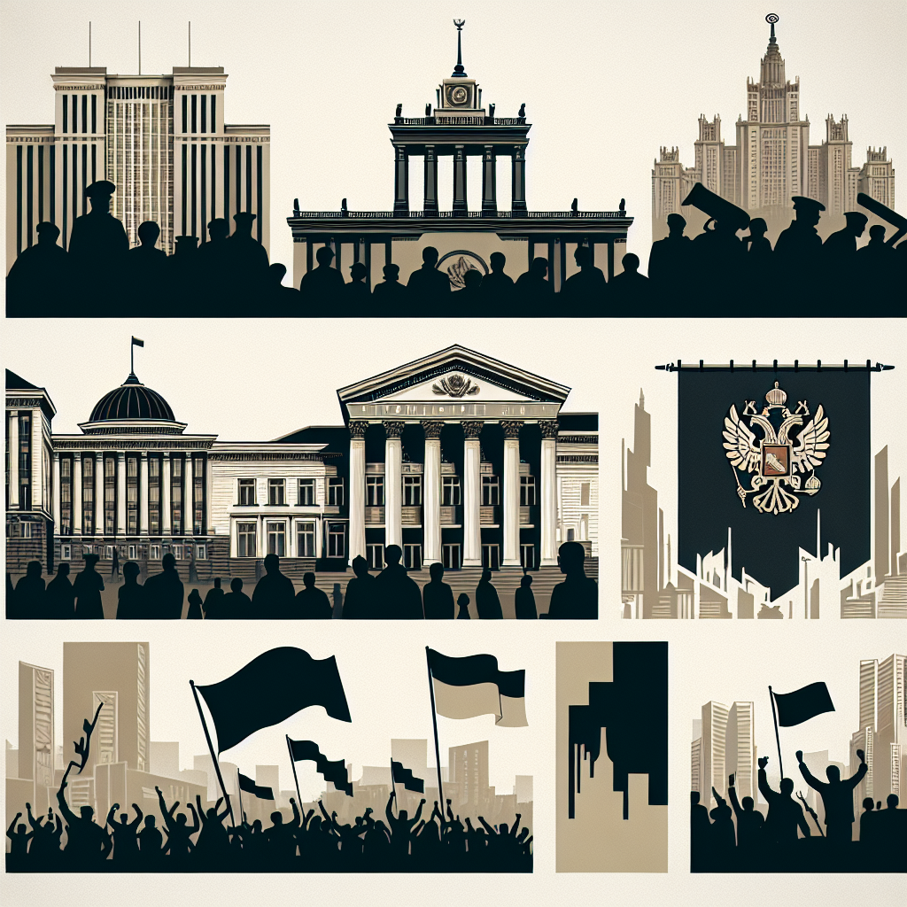 Collage av Hviterusslands politiske symboler: parlamentbygning, urbane silhuetter, demonstrasjonssiluetter og diplomatiske flagg i nøytrale fargetoner
