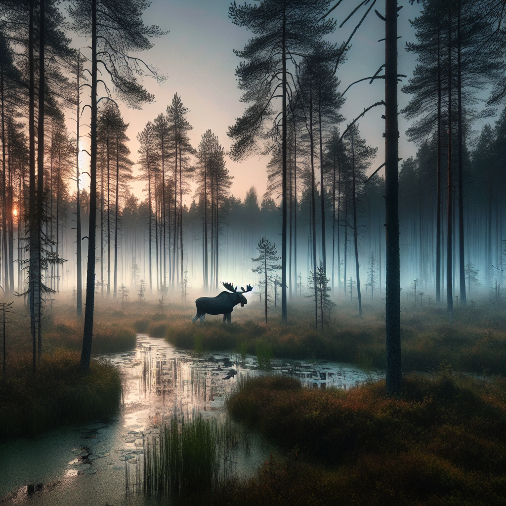 Panoramabilde av en hviterussisk urskog ved skumring, elg i forgrunnen, våtmark i bakgrunnen, myk naturlig belysning og atmosfærisk tåke