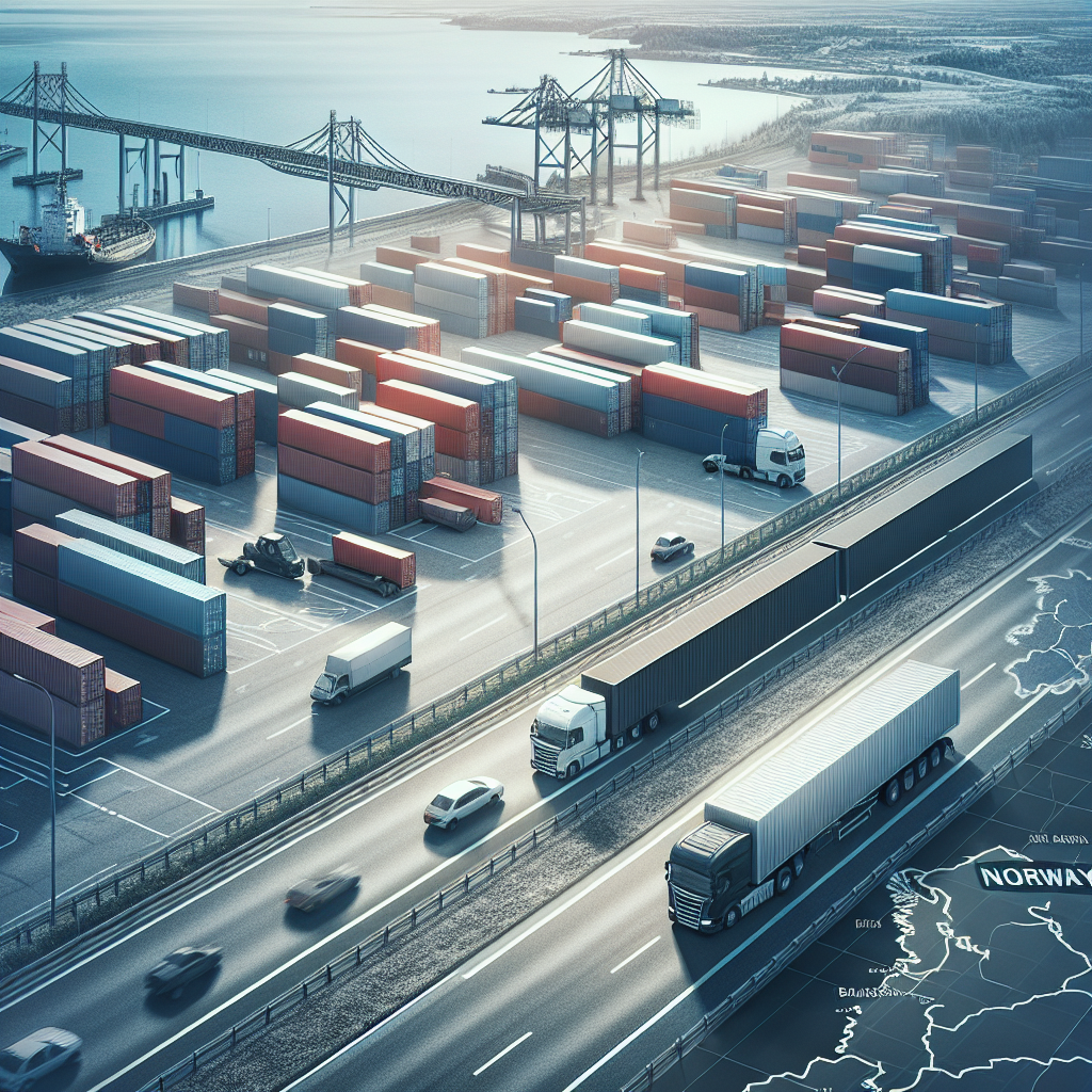 Oversiktsbilde av handel og logistikk mellom Norge og Hviterussland: fraktcontainere, lastebil på landevei ved grenseovergang, kartoverlegg, moderne og profesjonell stil