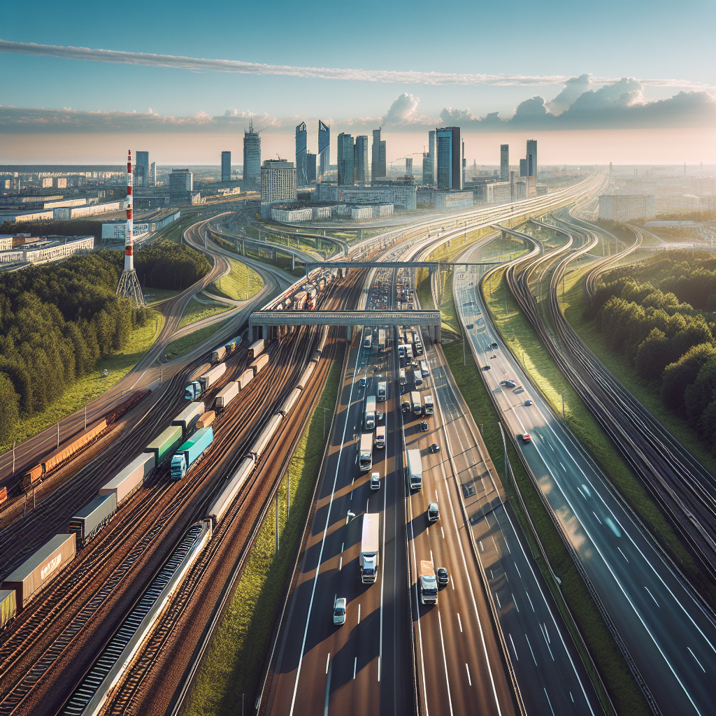 Dronebilde av moderne transportscene i Hviterussland: jernbanespor, lastebiler på motorvei og grønne korridorer, klar luft, profesjonell stil