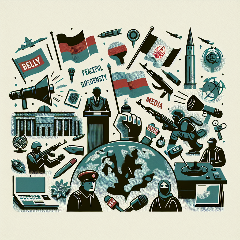 Illustrasjon av sivilsamfunn og diplomati i Hviterussland: symboler for fredelig motstand, medier og internasjonalt samarbeid, kald fargepalett, moderne dokumentarisk stil
